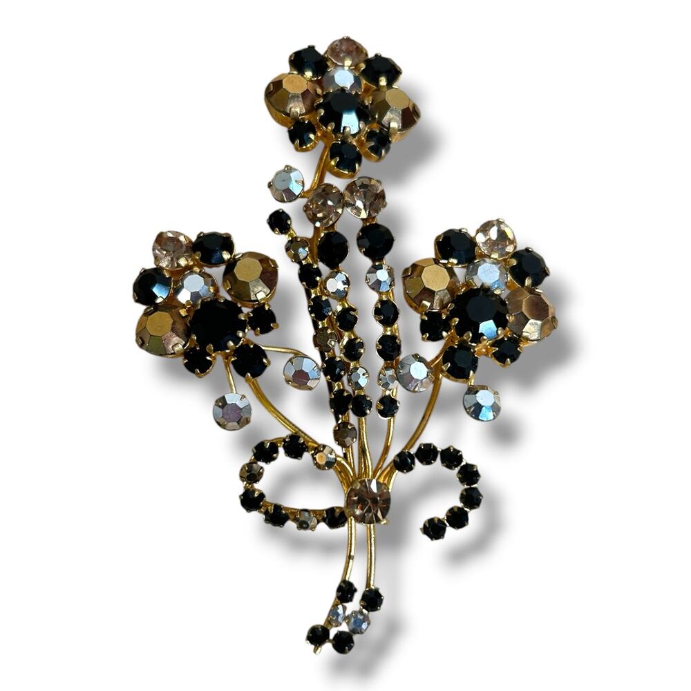 Vintage Austria Long Flower Bouquet Brooch Black Jet Glass Smoky Rhinestones 
4”